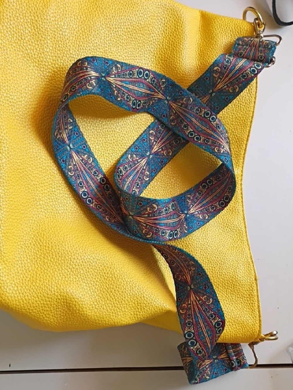 Women's Yellow Crossbody Bag with Patterned Strap - Picture 5 of 5